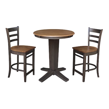 International Concepts 30 in. Solid Wood Round Top Pedestal Dining Table w/2 Counter Height Stools in Hickory/Washed Coal K45-30RT-23B-S6172-2